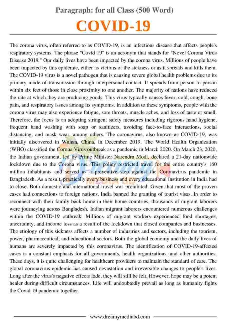 COVID-19 Paragraph_ for all Class (500 Word)