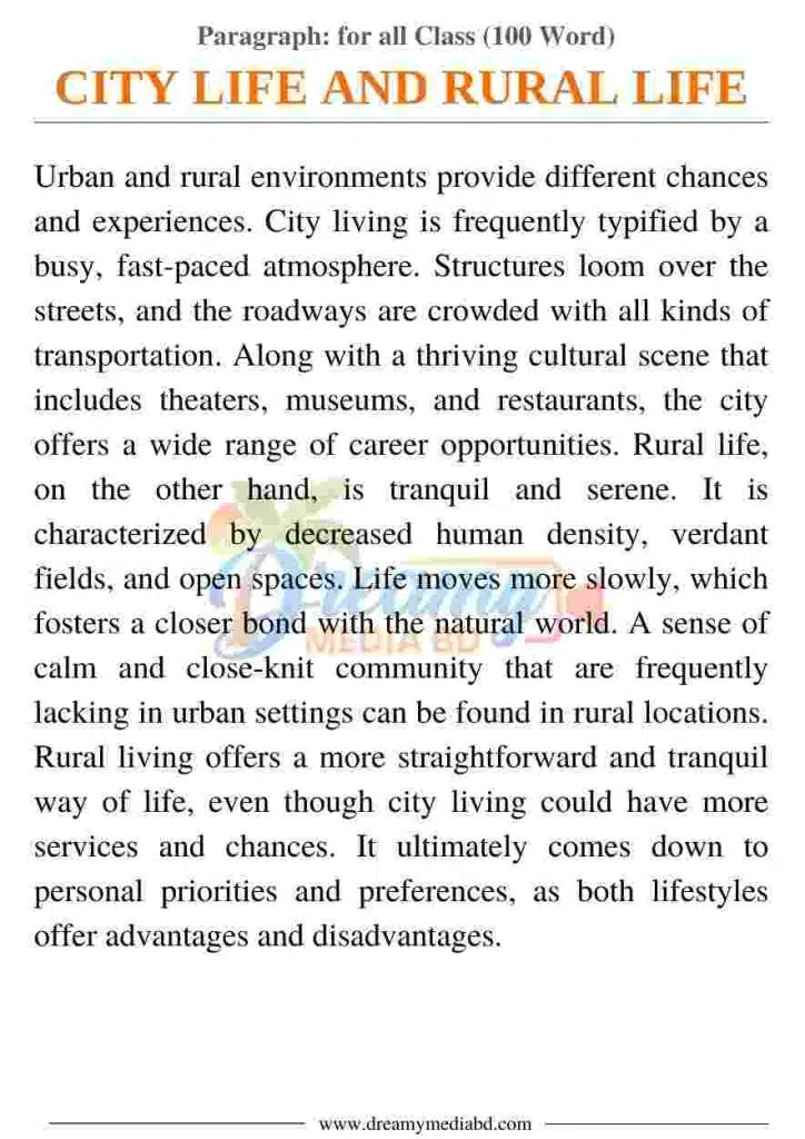 City Life and Rural Life Paragraph_ for all Class (100 Word)