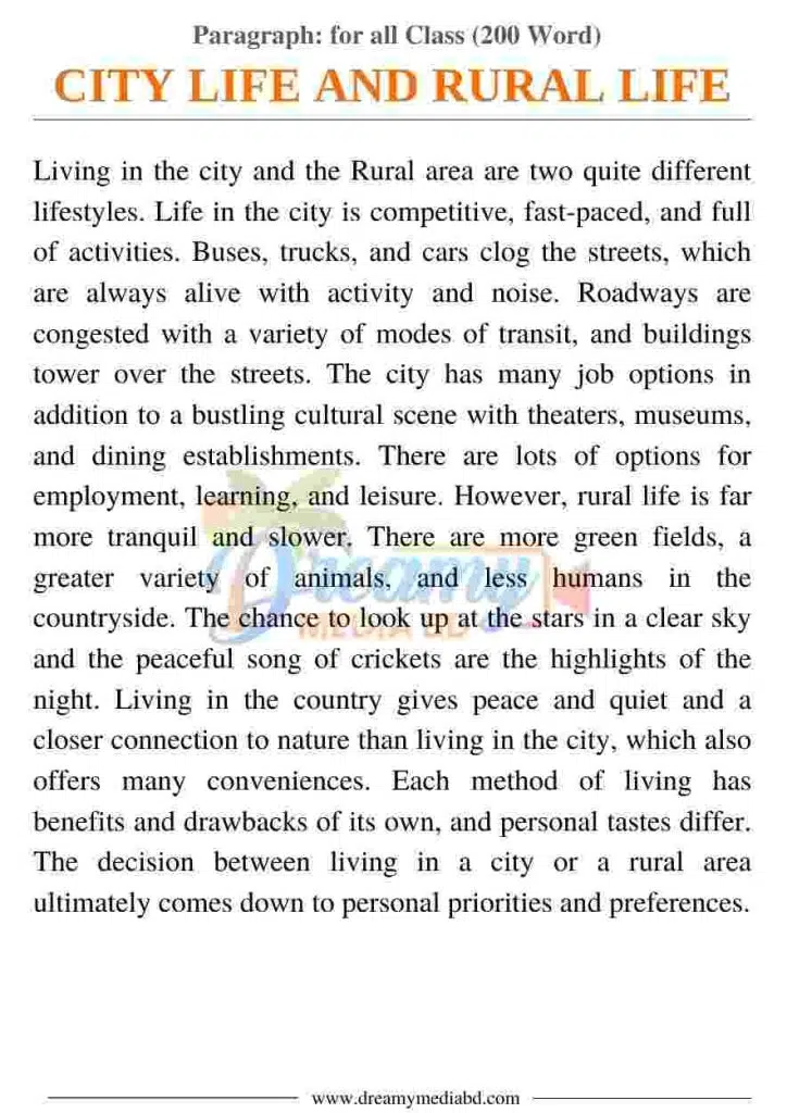 City Life and Rural Life Paragraph_ for all Class (200 Word)