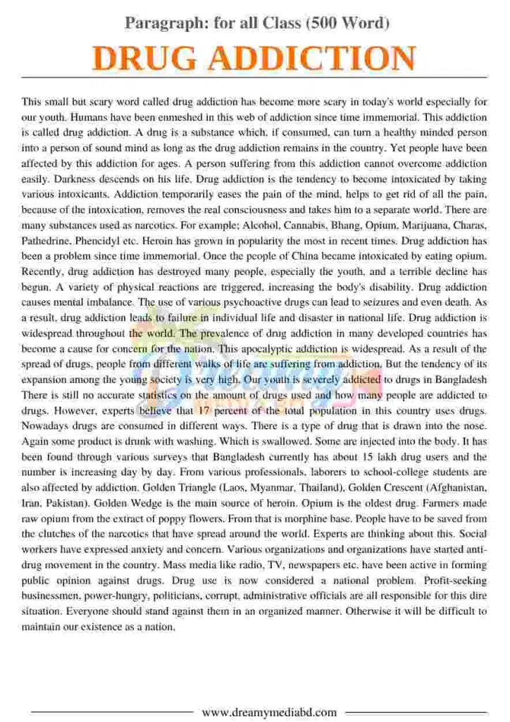 Drug Addiction Paragraph_ for all Class (500 Word)