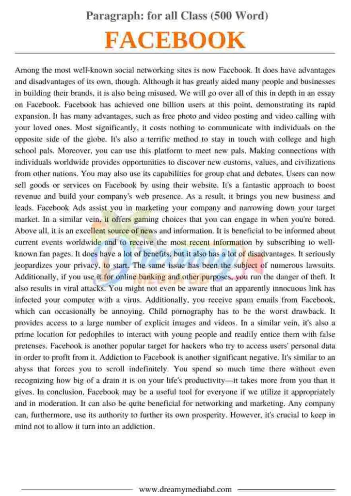 Facebook Paragraph_ for all Class (500 Word)