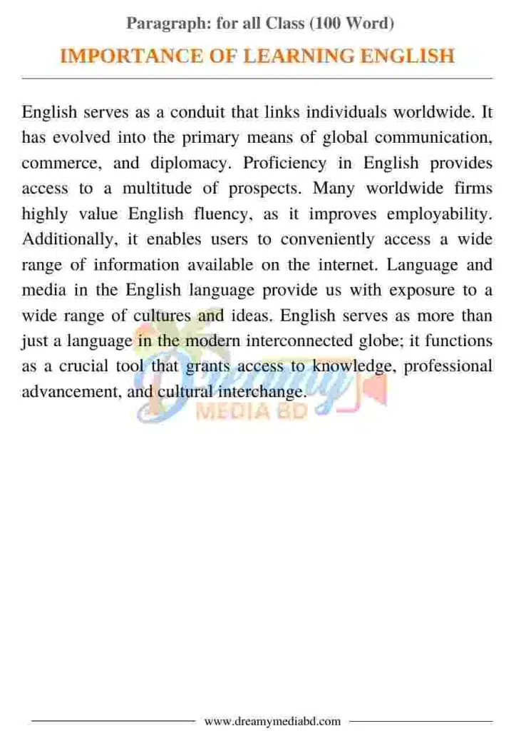Importance of Learning English Paragraph_ for all Class (100 Word)